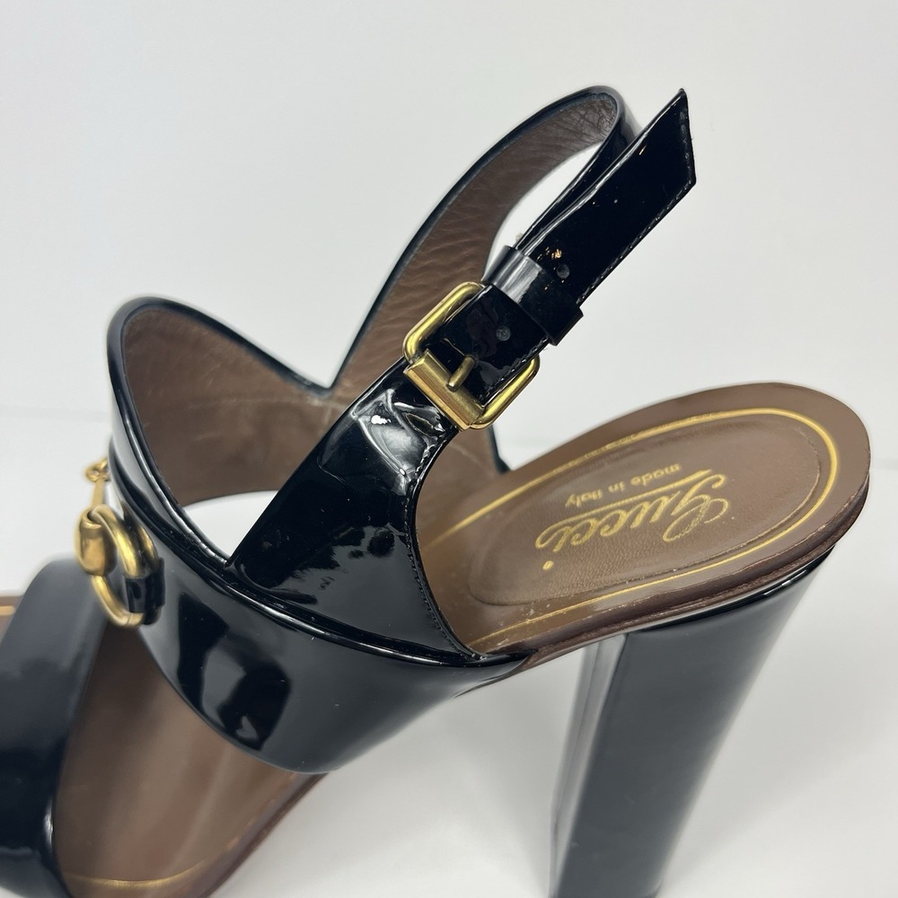 Gucci Patent Leather Horsebit Heel Sandals Black Size 40.5 US 10.5 Luxury Chic - Picture 7 of 13
